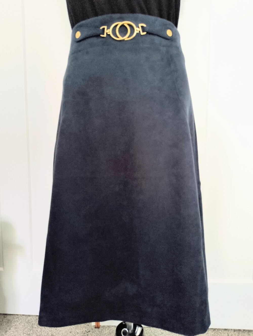 Mark New York Classic Dark Blue Midi Skirt with Gold Ring Detail